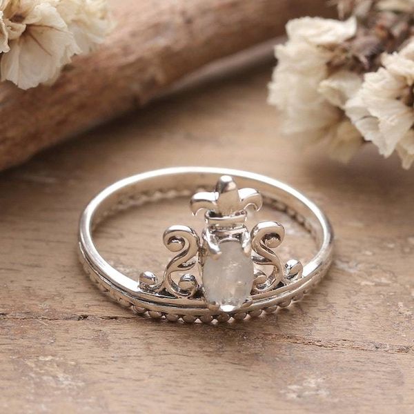 Alternate image for Crown-Themed Rainbow Moonstone Sterling Silver Cocktail Ring Luminous Crown