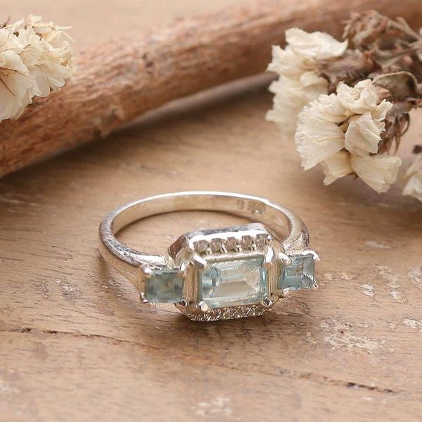 Alternate image for Geometric Blue Topaz Cubic Zirconia Silver Cocktail Ring Azure Horizon