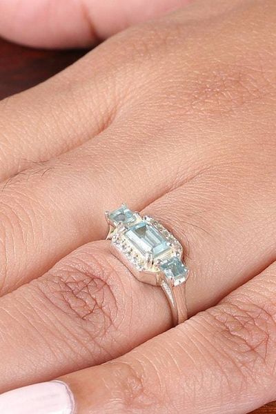 Alternate image for Geometric Blue Topaz Cubic Zirconia Silver Cocktail Ring Azure Horizon