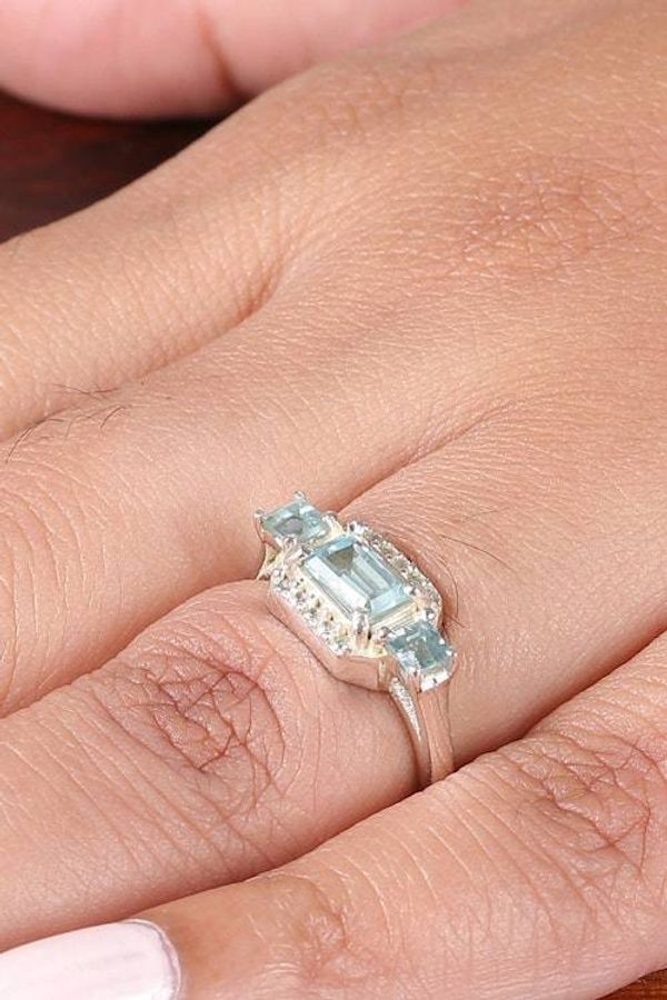 Alternate image for Geometric Blue Topaz Cubic Zirconia Silver Cocktail Ring Azure Horizon