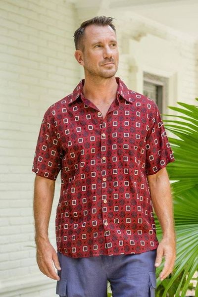 Alternate image for Mens Short-Sleeved Cotton Shirt from India Floral Labyrinth in Red