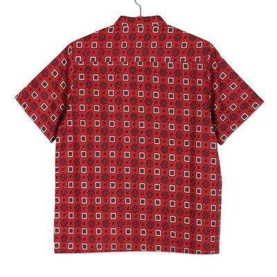 Alternate image for Mens Short-Sleeved Cotton Shirt from India Floral Labyrinth in Red