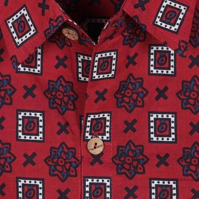 Alternate image for Mens Short-Sleeved Cotton Shirt from India Floral Labyrinth in Red