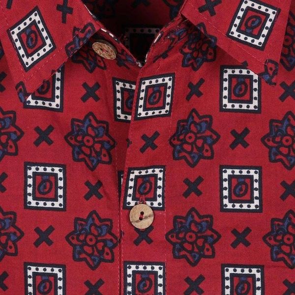 Alternate image for Mens Short-Sleeved Cotton Shirt from India Floral Labyrinth in Red