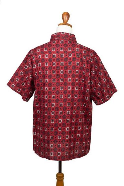 Alternate image for Mens Short-Sleeved Cotton Shirt from India Floral Labyrinth in Red