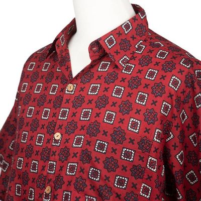 Alternate image for Mens Short-Sleeved Cotton Shirt from India Floral Labyrinth in Red