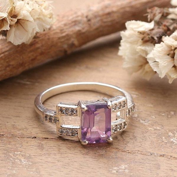 Alternate image for Rectangular Amethyst Cubic Zirconia Silver Cocktail Ring Purple Awe
