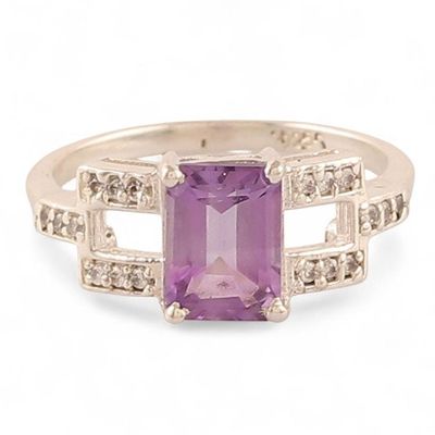 Alternate image for Rectangular Amethyst Cubic Zirconia Silver Cocktail Ring Purple Awe