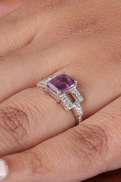 Alternate image for Rectangular Amethyst Cubic Zirconia Silver Cocktail Ring Purple Awe