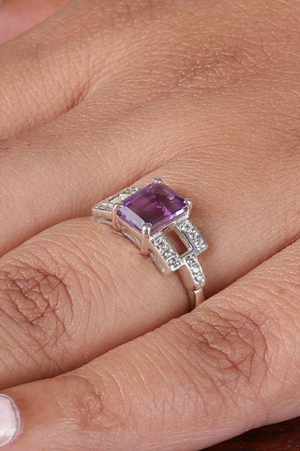 Alternate image for Rectangular Amethyst Cubic Zirconia Silver Cocktail Ring Purple Awe