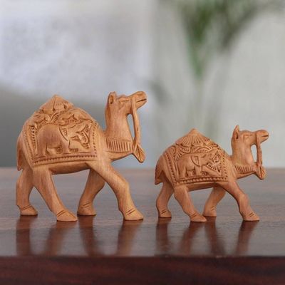 Primary image for Handcrafted Wood Statuettes Pair Camel Caravan