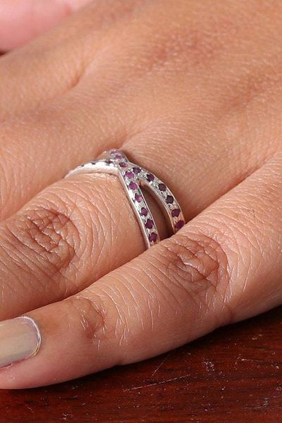 Alternate image for Crisscross Silver Band Ring with Pav-Set Ruby Gemstones Faithful Constellations