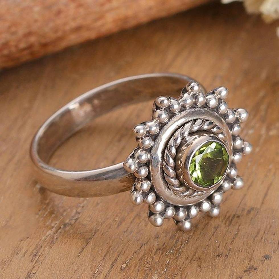 Polished Sun-Themed Natural Peridot Cocktail Ring from India 'Lucky Spring'