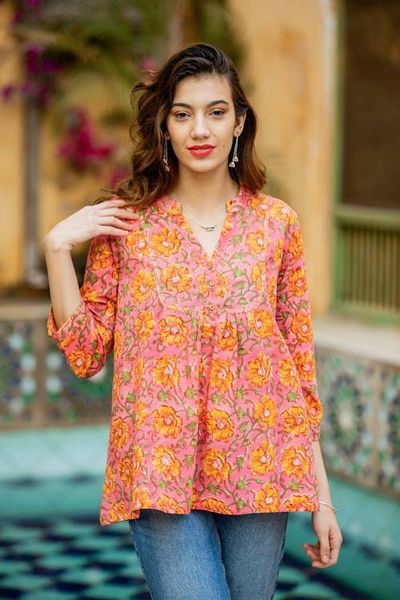 Primary image for Block-Printed Floral Pink and Yellow Cotton Tunic from India Spring Morning Marigold