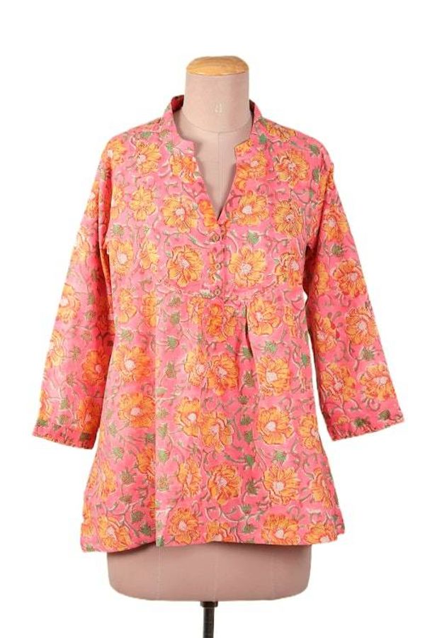 Alternate image for Block-Printed Floral Pink and Yellow Cotton Tunic from India Spring Morning Marigold