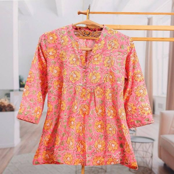 Alternate image for Block-Printed Floral Pink and Yellow Cotton Tunic from India Spring Morning Marigold