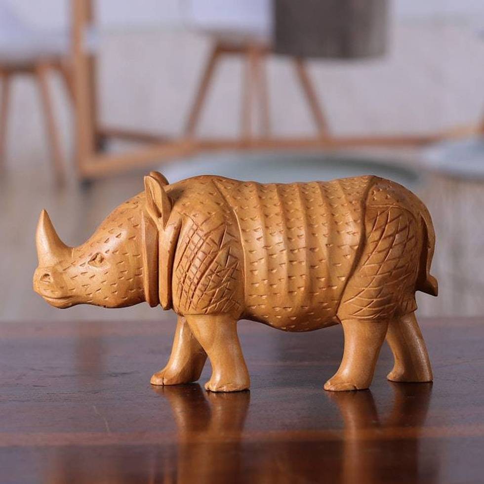 Hand-Carved Kadam Wood Rhino Sculpture from India 'Rhino Enigma'