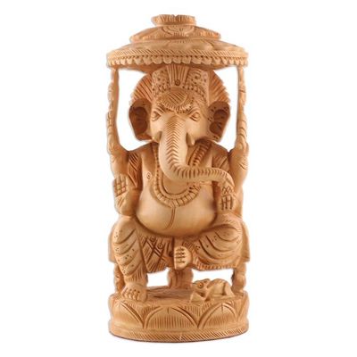 Primary image for Traditional Hand-Carved Kadam Wood Ganesha Sculpture Sheltered by Grace