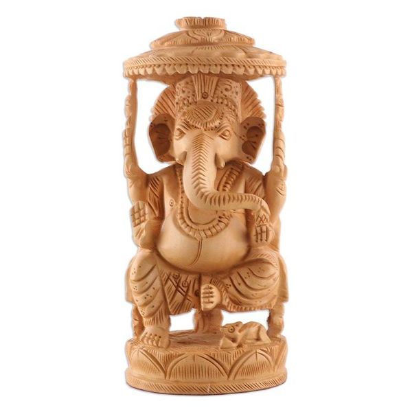 Alternate image for Traditional Hand-Carved Kadam Wood Ganesha Sculpture Sheltered by Grace