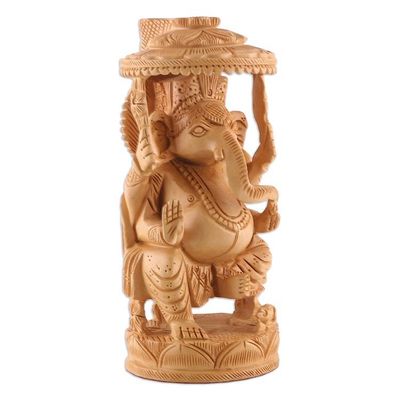 Alternate image for Traditional Hand-Carved Kadam Wood Ganesha Sculpture Sheltered by Grace