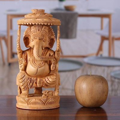 Alternate image for Traditional Hand-Carved Kadam Wood Ganesha Sculpture Sheltered by Grace