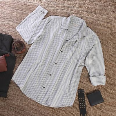 Alternate image for Checkered Pattern White and Black 100 Cotton Shirt for Men Checkered Seigneur