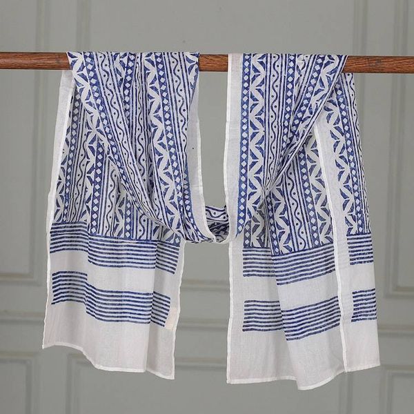 Alternate image for Geometric-Themed Blue White Hand Block-Printed Cotton Shawl Indigo Echoes