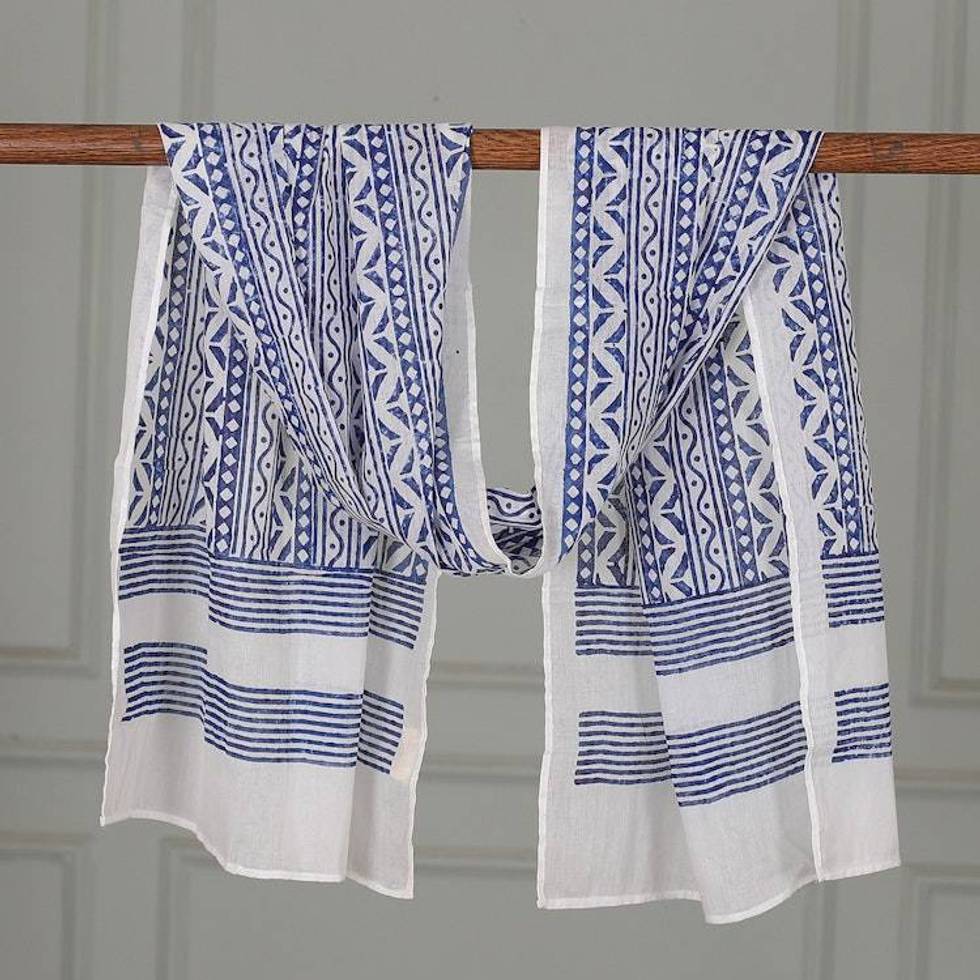 Geometric-Themed Blue White Hand Block-Printed Cotton Shawl 'Indigo Echoes'