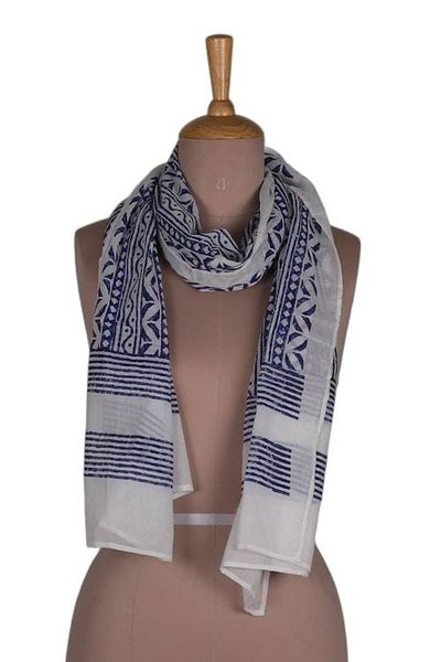 Alternate image for Geometric-Themed Blue White Hand Block-Printed Cotton Shawl Indigo Echoes