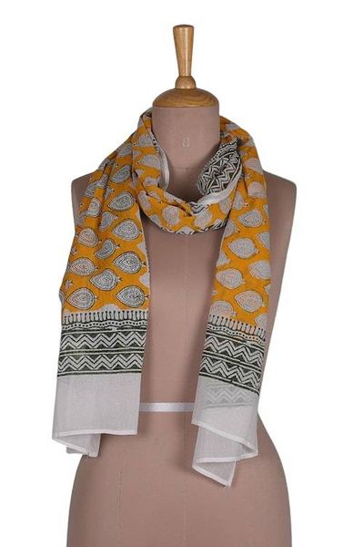 Alternate image for Cotton Shawl with Yellow Green Hand Block-Printed Patterns Golden Bloom
