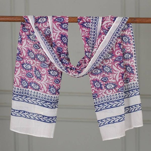 Alternate image for Cotton Shawl with Block-Printed Floral Leaf Paisley Motifs Floral Whimsy