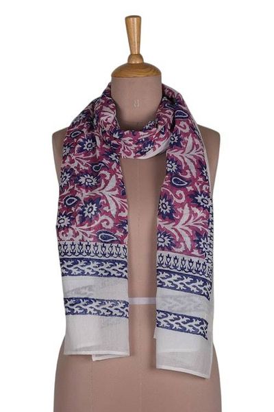 Alternate image for Cotton Shawl with Block-Printed Floral Leaf Paisley Motifs Floral Whimsy