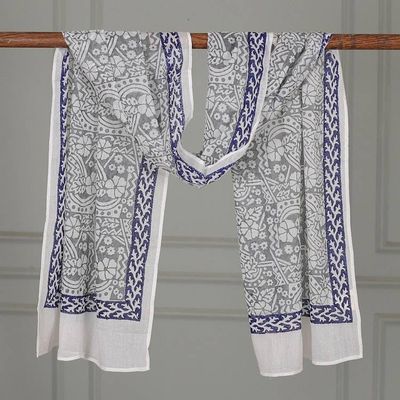 Primary image for Vine Floral Grey Blue White Hand Block-Printed Cotton Shawl Floral Harmony