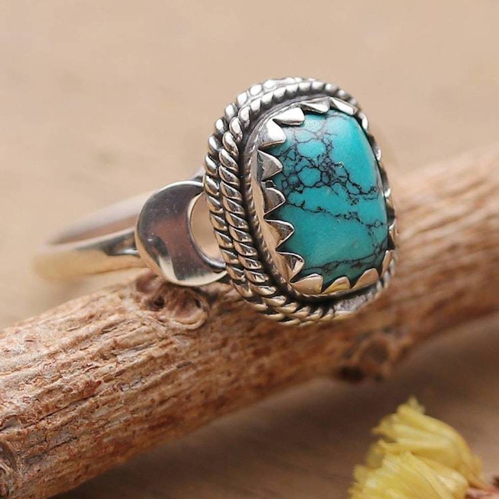 Half-Moon-Themed Recon Turquoise Stone Cocktail Ring 'Peaceful Luxury'