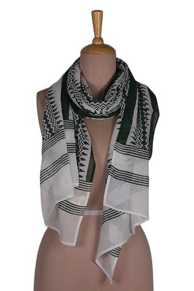 Primary image for Hand Block-Printed Green White Cotton Shawl from India Forest Green
