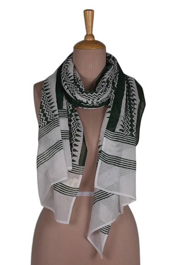Alternate image for Hand Block-Printed Green White Cotton Shawl from India Forest Green