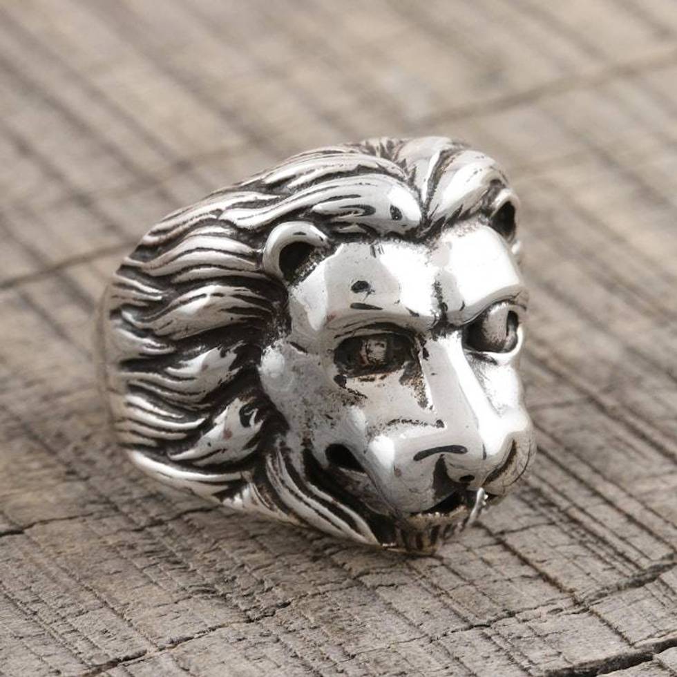 Detailed Men's Lion Ring from India 'Regal Lion'