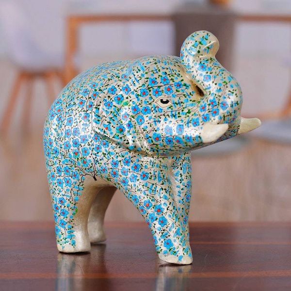 Alternate image for Blue Papier Mache Elephant Sculpture with Floral Details Blue Bloom Trunk