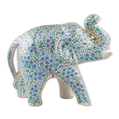 Alternate image for Blue Papier Mache Elephant Sculpture with Floral Details Blue Bloom Trunk