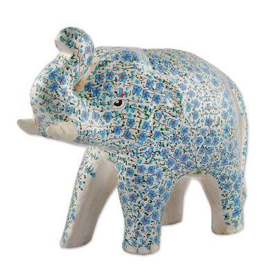 Alternate image for Blue Papier Mache Elephant Sculpture with Floral Details Blue Bloom Trunk