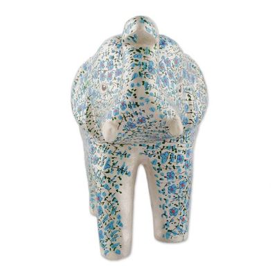 Alternate image for Blue Papier Mache Elephant Sculpture with Floral Details Blue Bloom Trunk