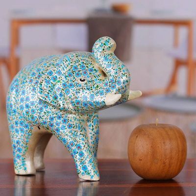Alternate image for Blue Papier Mache Elephant Sculpture with Floral Details Blue Bloom Trunk