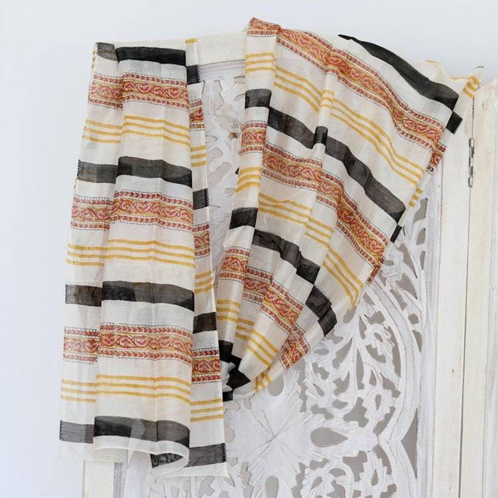 Striped Paisley Chanderi Cotton Scarf 'Paisley in Amber'