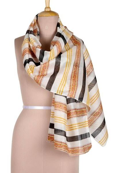 Alternate image for Striped Paisley Chanderi Cotton Scarf Paisley in Amber