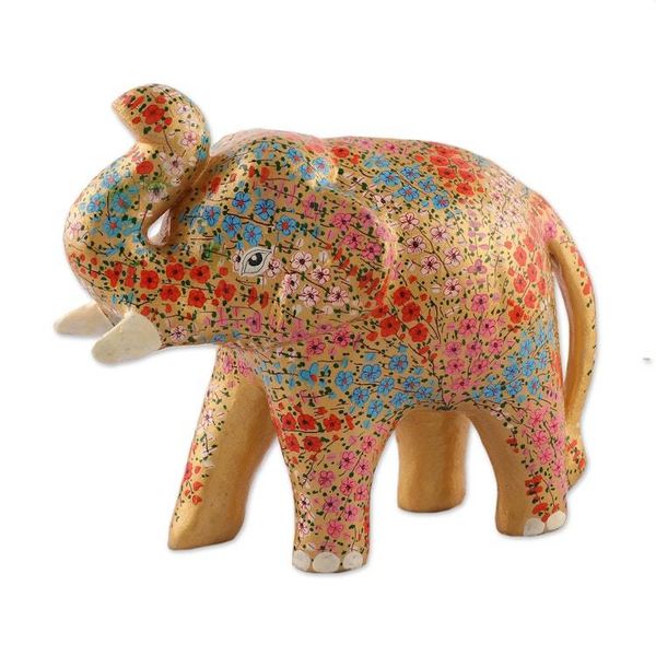 Alternate image for Golden Spring-Themed Floral Papier Mache Elephant Sculpture Golden Bloom Trunk