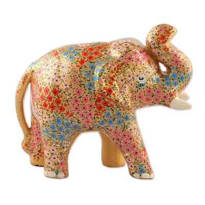 Alternate image for Golden Spring-Themed Floral Papier Mache Elephant Sculpture Golden Bloom Trunk