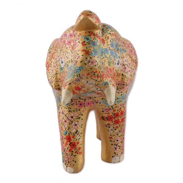Alternate image for Golden Spring-Themed Floral Papier Mache Elephant Sculpture Golden Bloom Trunk