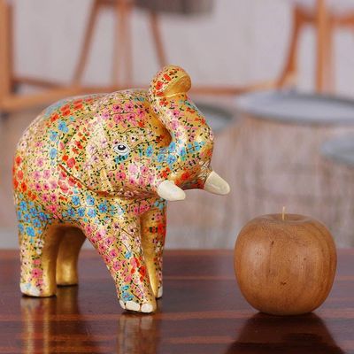 Alternate image for Golden Spring-Themed Floral Papier Mache Elephant Sculpture Golden Bloom Trunk