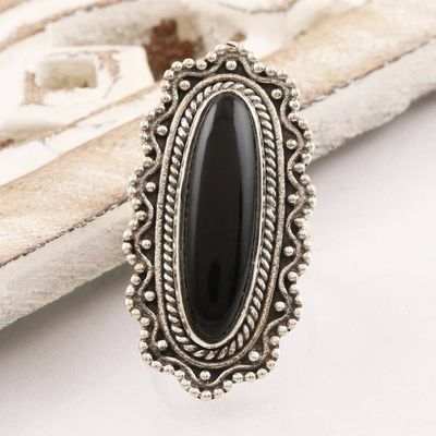 Primary image for Ornate Black Onyx Cabochon Sterling Silver Cocktail Ring Magnificence in Black