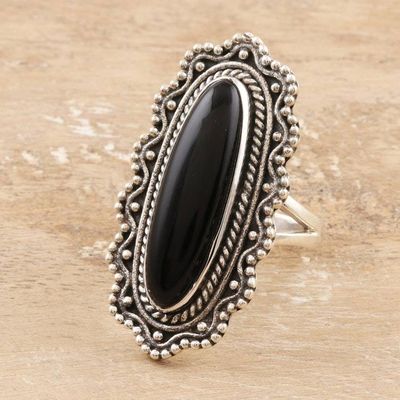 Alternate image for Ornate Black Onyx Cabochon Sterling Silver Cocktail Ring Magnificence in Black